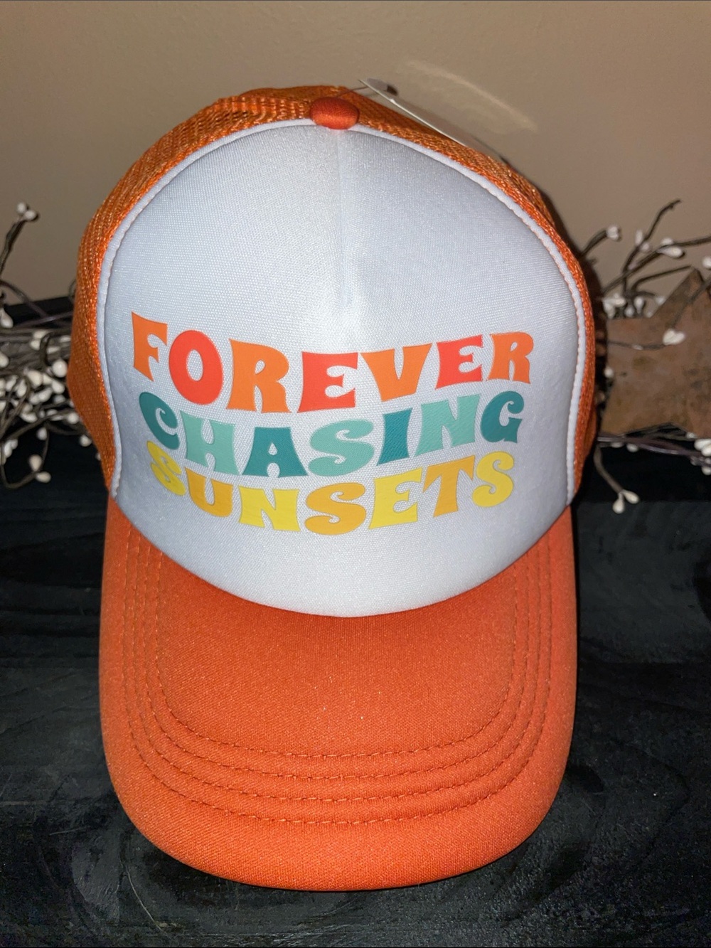 NWT “Forever Chasing Sunsets” Orange Women’s Trucker Hat